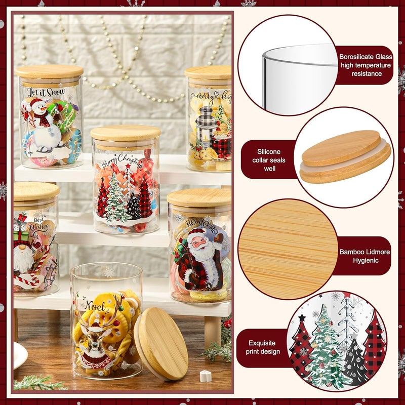 Shellwei 6 Pcs Watercolor Christmas Glass Storage Jar with Airtight Bamboo Lid Santa Claus Canister Sets Christmas Snowman Elk Clear Cookie Candy Storage 19oz for Kitchen Containers Countertop Decor - Image 4
